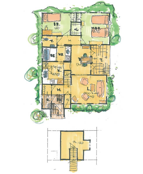 夫婦ふたりで暮らす家/平屋建て＋小屋裏　平面図