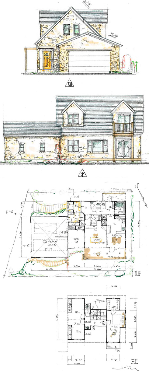 ガレージハウスのある住まい/プラン１立面図・間取り図